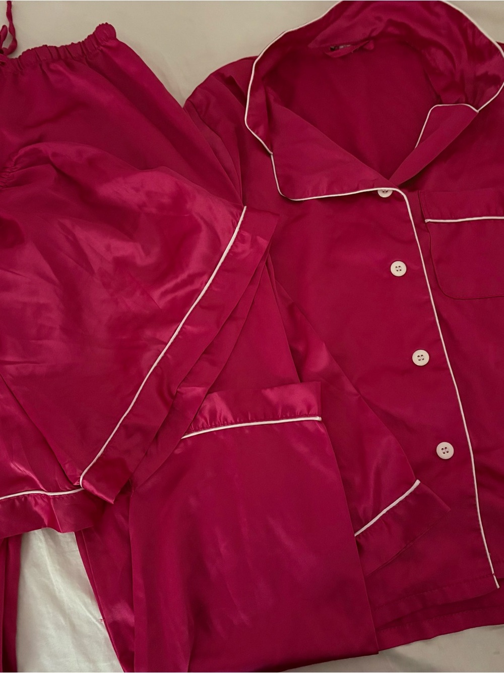 Women's Satin Pajama 3 Piece Set with White Piping - Fuchsia